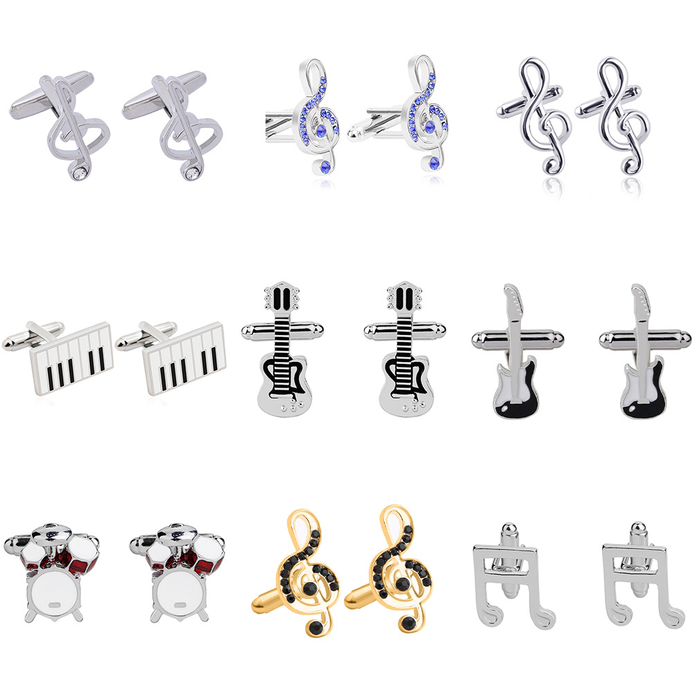 Fashion High Quality Titanium Steel Electroplating Paint Diamond-embedded Music Symbol Guitar Piano Drum Kit Series Cufflinks display picture 1