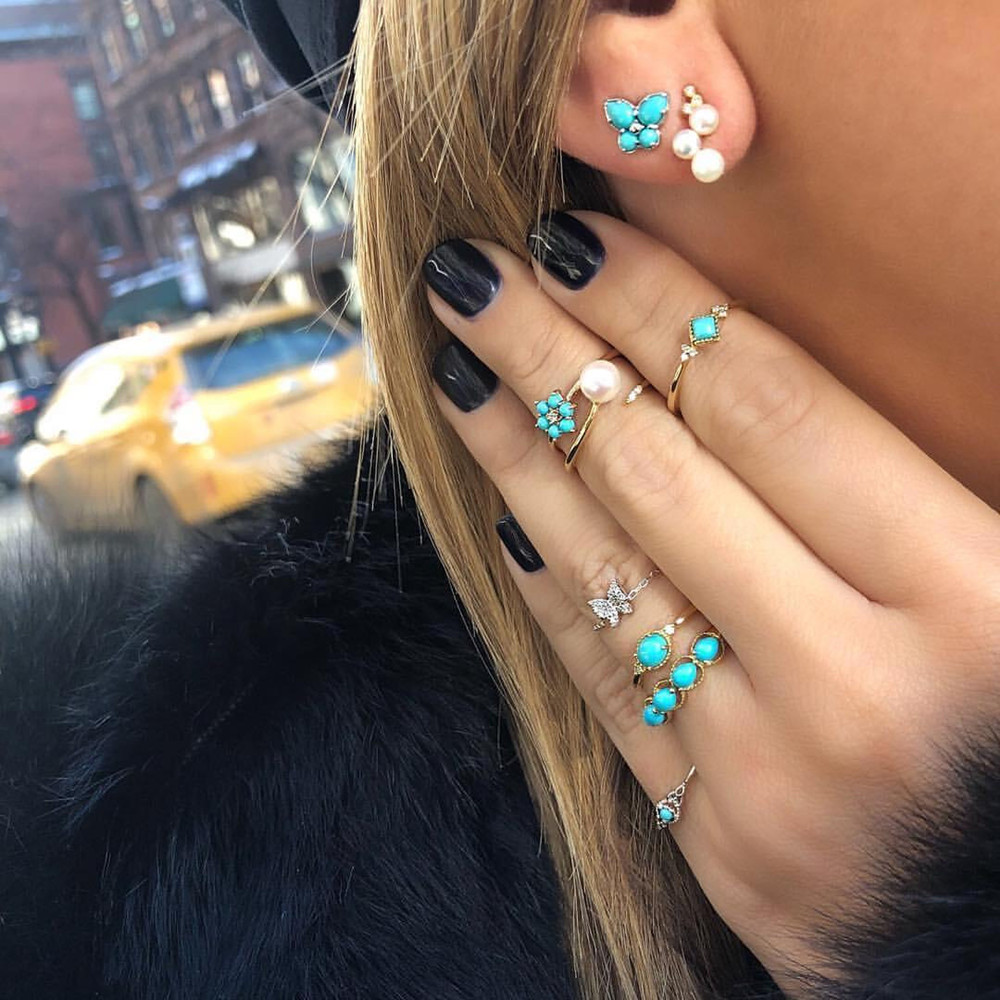 1 Set Streetwear Geometric Star Butterfly Mixed Materials Inlay Turquoise Rhinestones Zircon Women's Earrings display picture 2