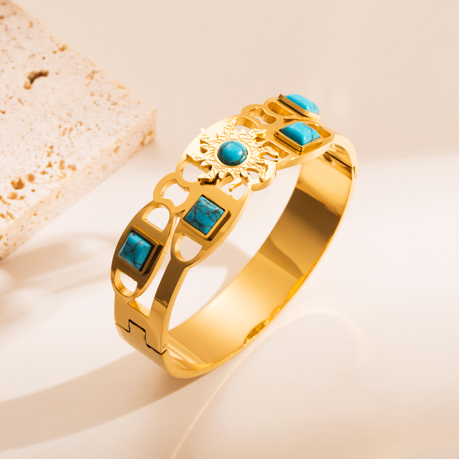 Fashion Stainless Steel Inlay Turquoise Gold Plated Bangle display picture 2
