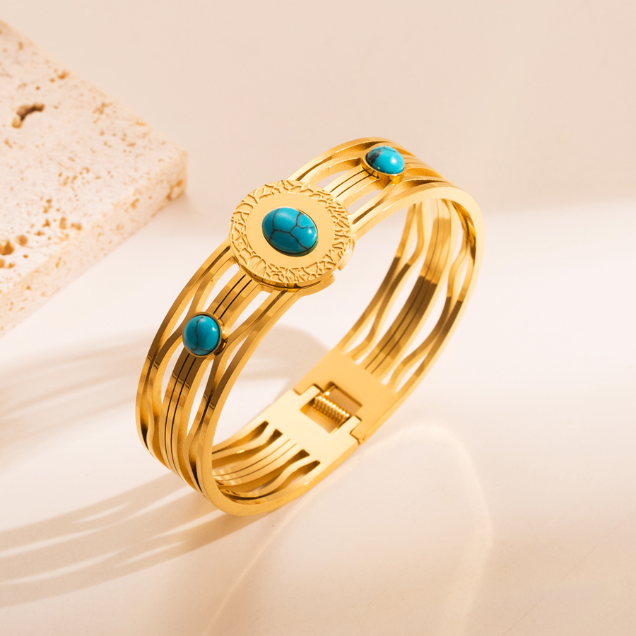 Fashion Stainless Steel Inlay Turquoise Gold Plated Bangle display picture 7
