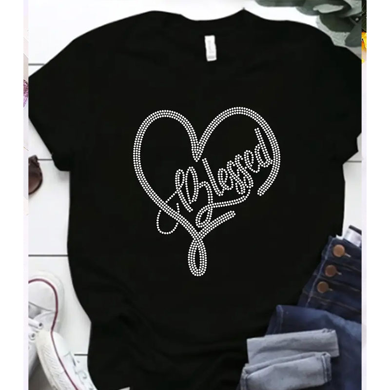 Women's T-shirt Short Sleeve T-shirts Hot Drill Fashion Letter Heart Shape display picture 3