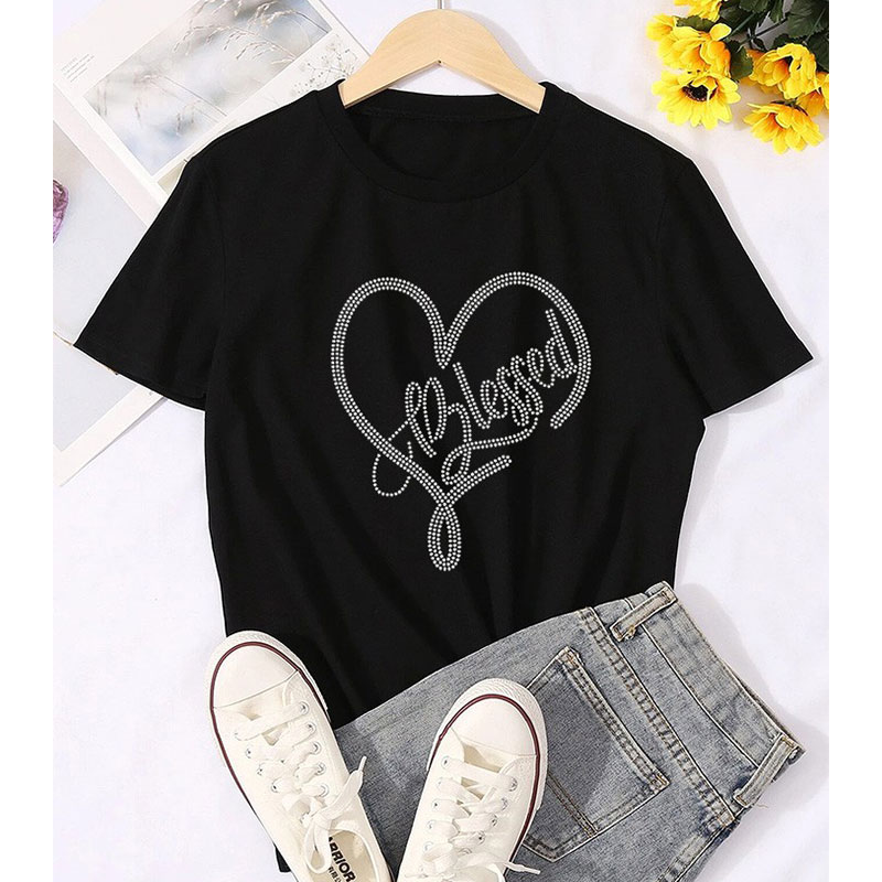 Women's T-shirt Short Sleeve T-shirts Hot Drill Fashion Letter Heart Shape display picture 4