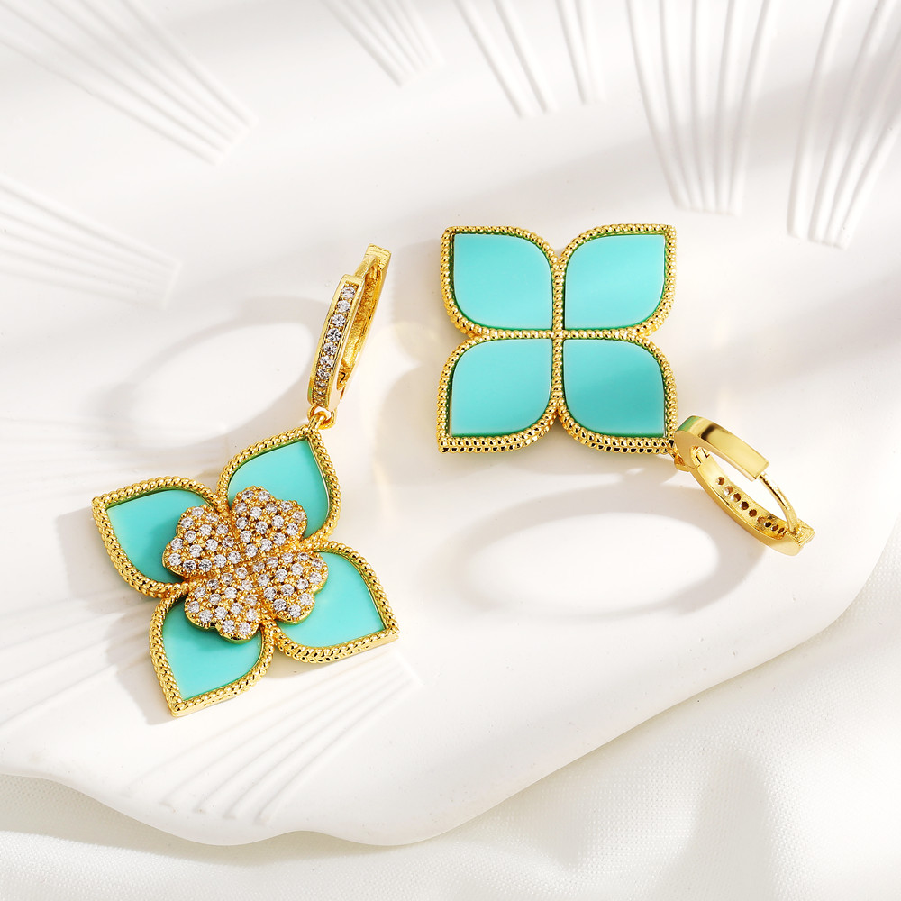 1 Pair Luxurious Four Leaf Clover Flower Copper Inlay Zircon Drop Earrings display picture 5