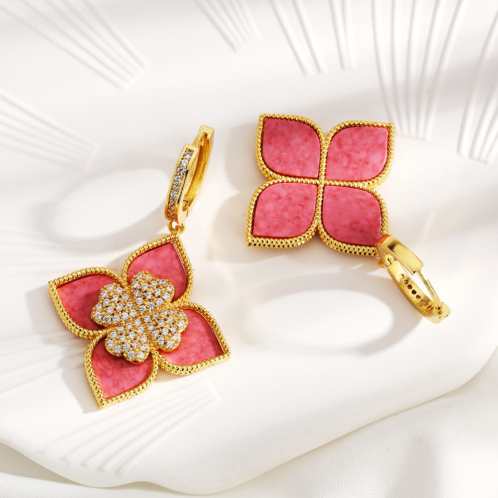 1 Pair Luxurious Four Leaf Clover Flower Copper Inlay Zircon Drop Earrings display picture 7