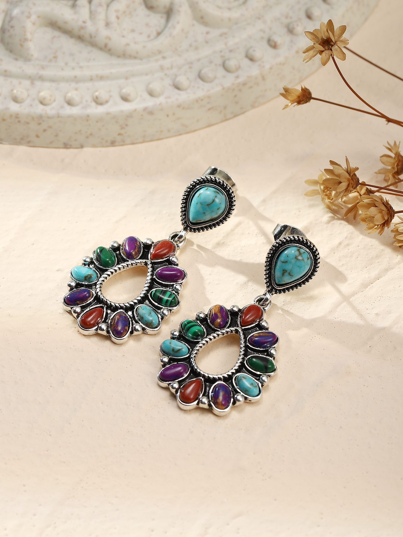 1 Pair Vintage Style Water Droplets Metal Rhinestone Turquoise Silver Plated Women's Drop Earrings display picture 4