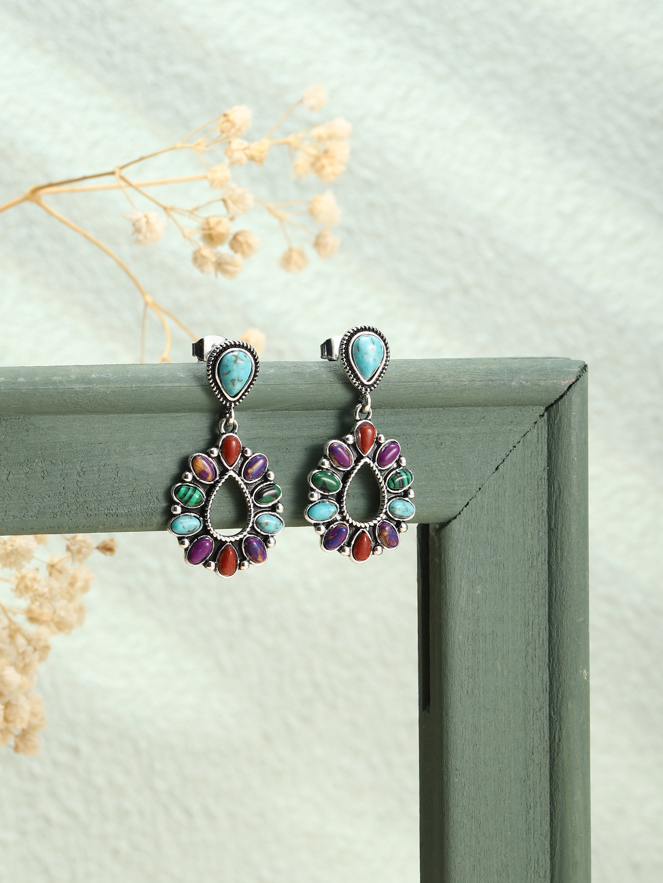 1 Pair Vintage Style Water Droplets Metal Rhinestone Turquoise Silver Plated Women's Drop Earrings display picture 1