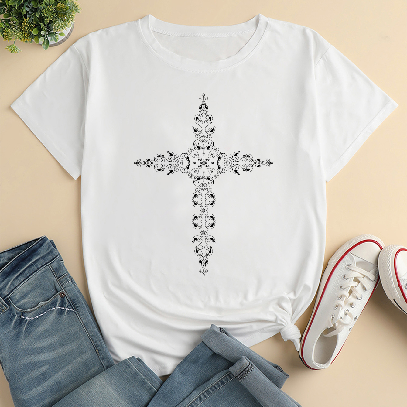 Women's T-shirt Short Sleeve T-shirts Printing Casual Cross display picture 1