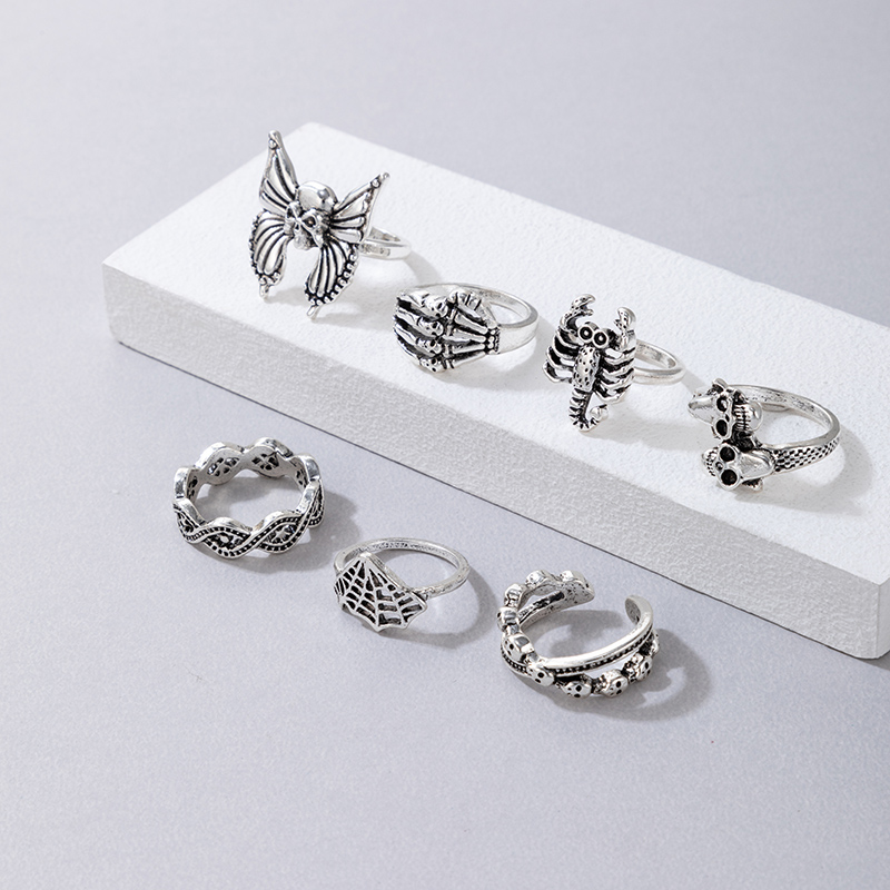 7 Pieces Punk Butterfly Skull Alloy Unisex Rings display picture 3