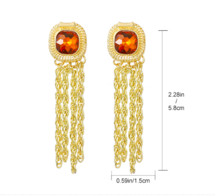 1 Pair Retro Square Tassel Inlay Copper Artificial Gemstones 14k Gold Plated Drop Earrings display picture 1