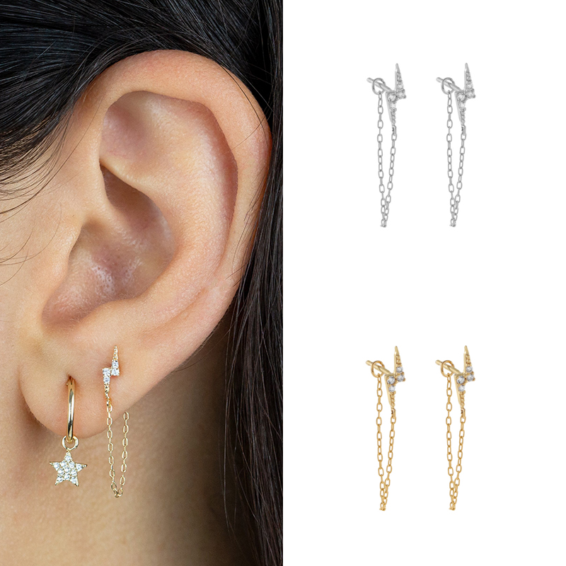 Ins Style Simple Style Cool Style Lightning Copper Plated With Real Gold Ear Studs Ear Chain Zircon Ear Studs 1 Pair display picture 4