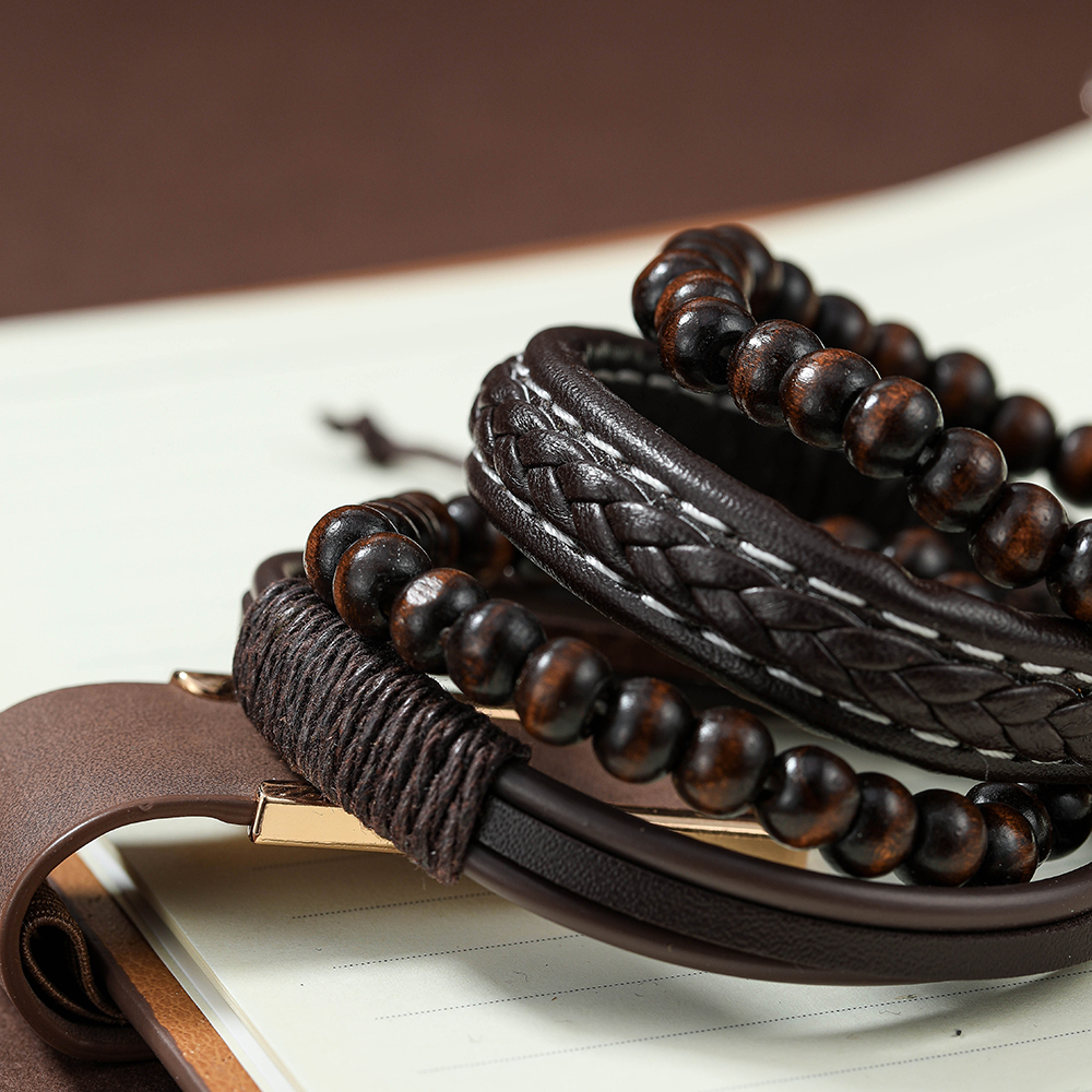 4 Piece Set Casual Round Beaded Pu Leather Men's Bracelets display picture 2