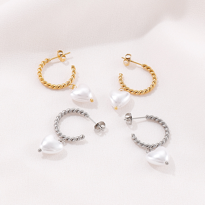 1 Pair Fashion Modern Style C Shape Heart Shape Pearl Plating Stainless Steel Drop Earrings display picture 8