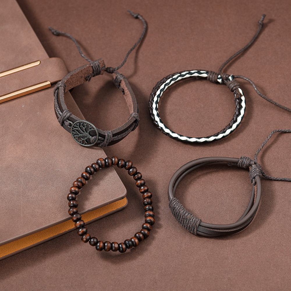 4 Piece Set Fashion Beaded Pu Leather Handmade Men's Bracelets display picture 4