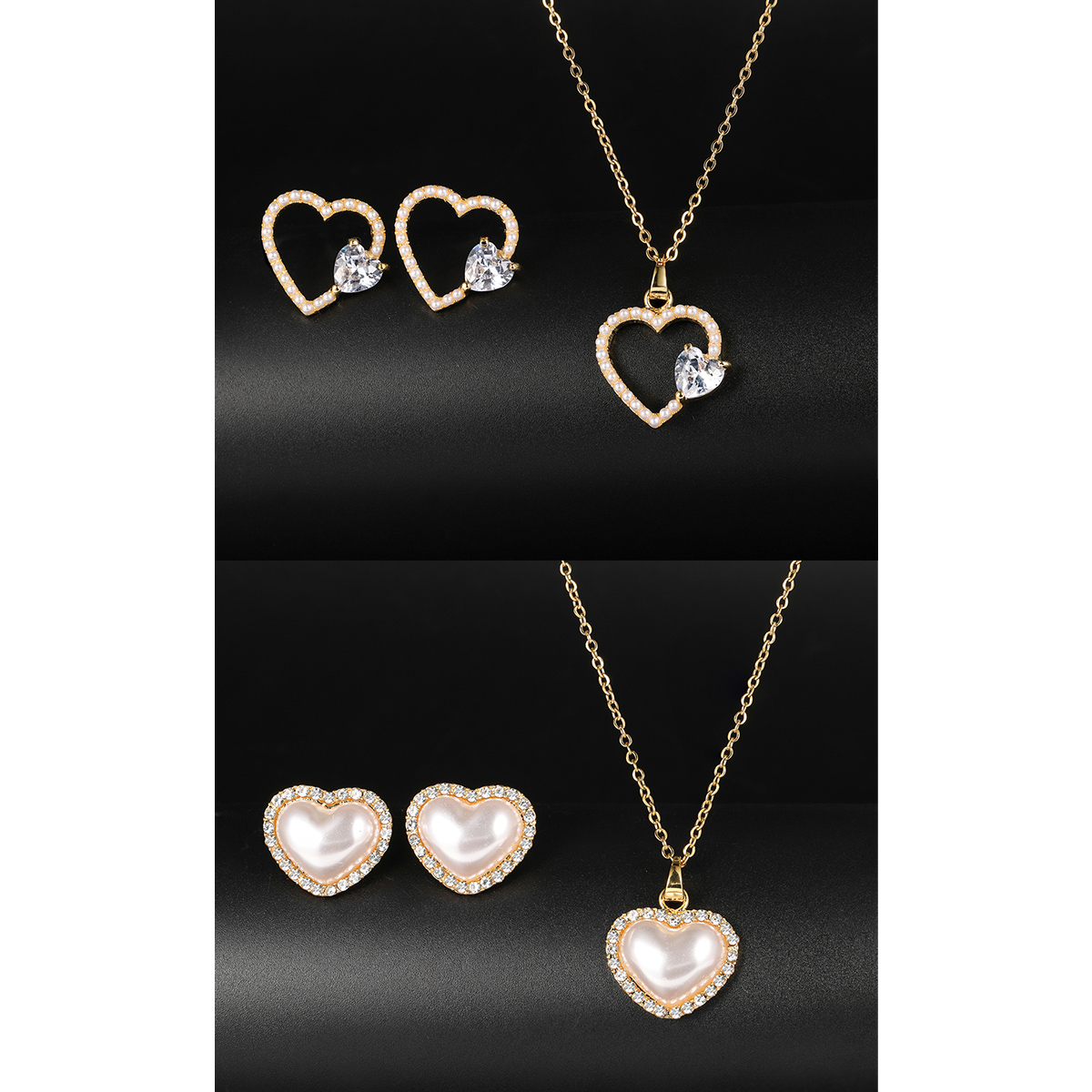 1 Set Fashion Heart Shape Alloy Plating Artificial Pearls Zircon 18k Gold Plated Unisex Earrings Necklace display picture 1
