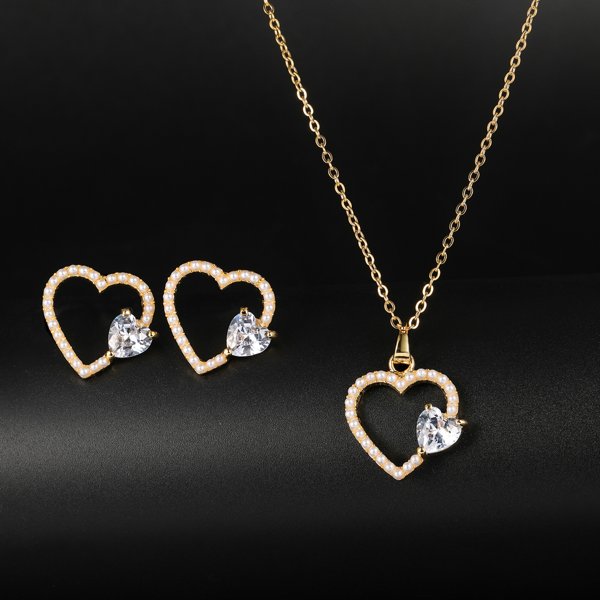 1 Set Fashion Heart Shape Alloy Plating Artificial Pearls Zircon 18k Gold Plated Unisex Earrings Necklace display picture 5