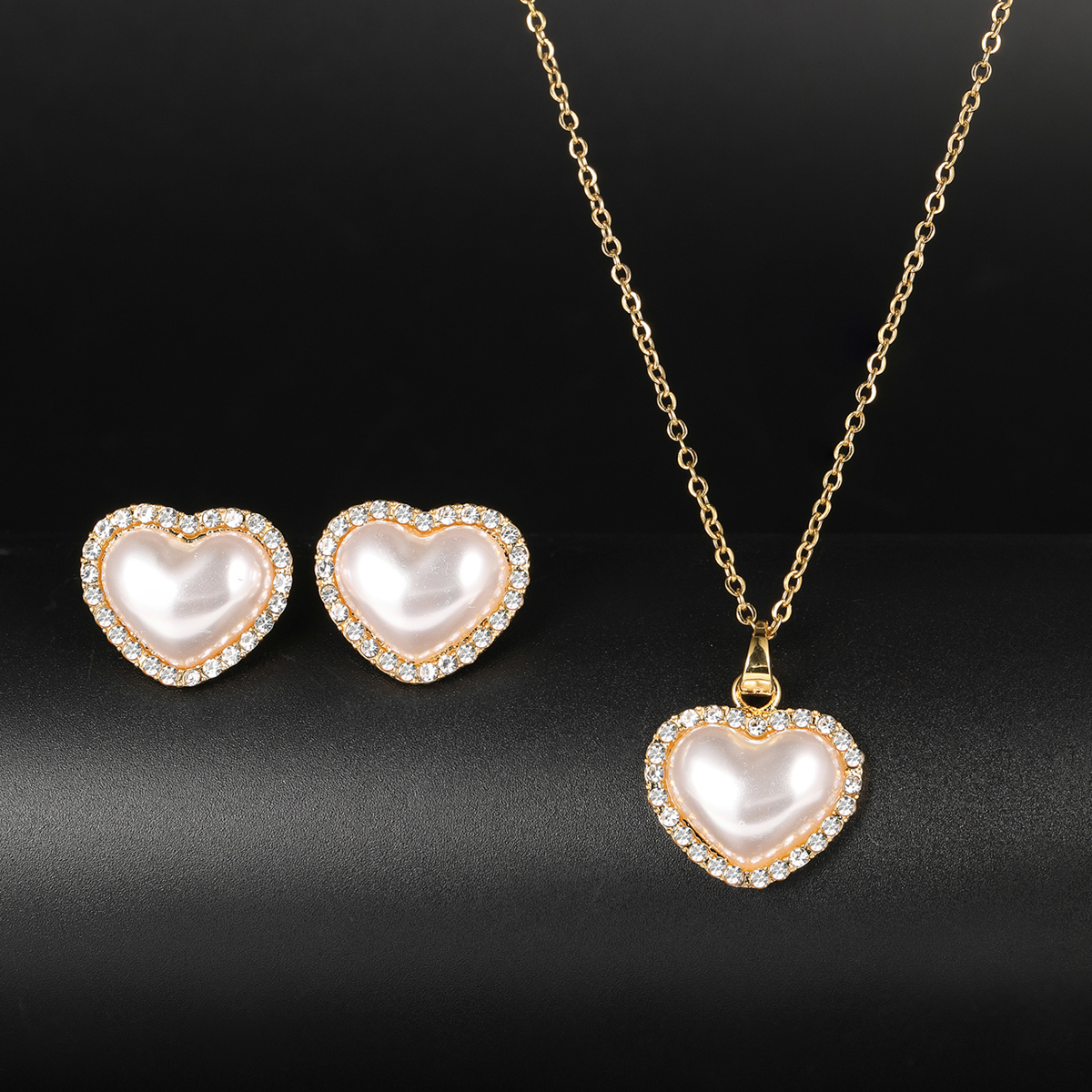 1 Set Fashion Heart Shape Alloy Plating Artificial Pearls Zircon 18k Gold Plated Unisex Earrings Necklace display picture 9