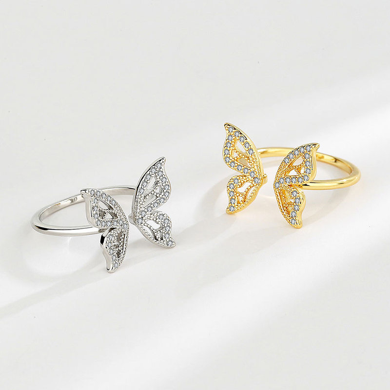 Shiny Butterfly Copper Gold Plated Silver Plated Zircon Open Ring In Bulk display picture 3