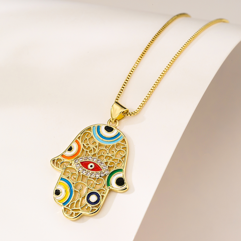 1 Piece Fashion Devil's Eye Palm Copper Enamel Inlay Zircon Pendant Necklace display picture 2
