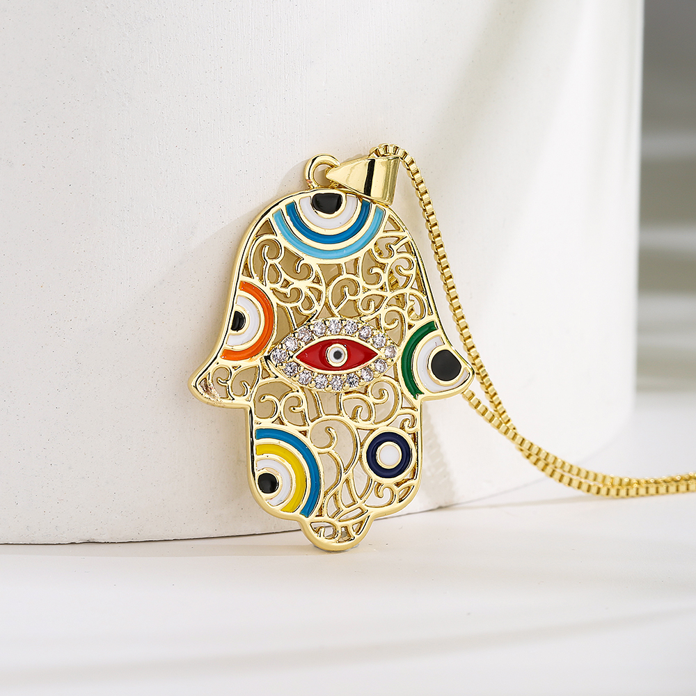 1 Piece Fashion Devil's Eye Palm Copper Enamel Inlay Zircon Pendant Necklace display picture 4