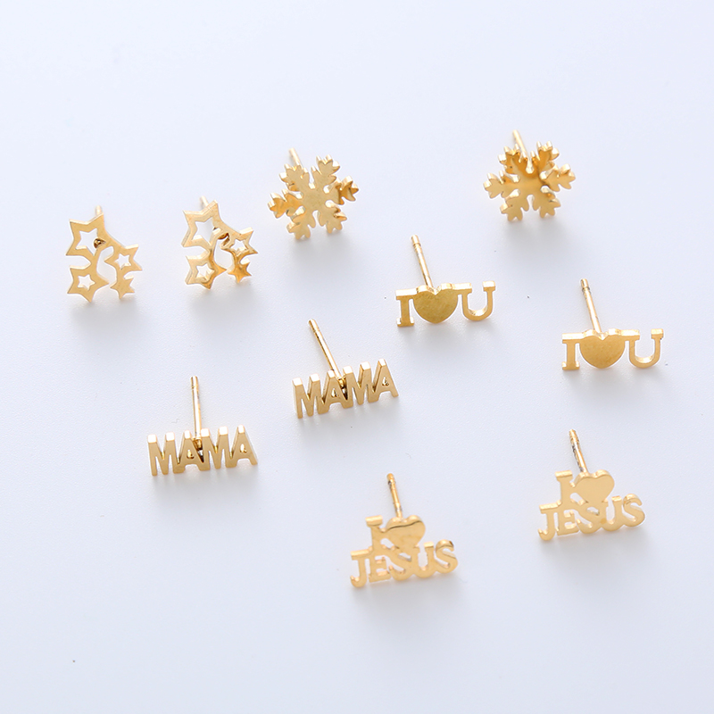 12 Pairs Simple Style Letter Heart Shape Snowflake Stainless Steel Plating Ear Studs display picture 1