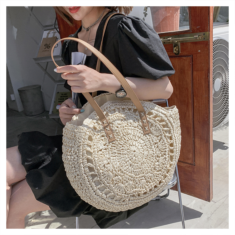 Women's Spring&summer Straw Solid Color Vacation Round Open Straw Bag display picture 9