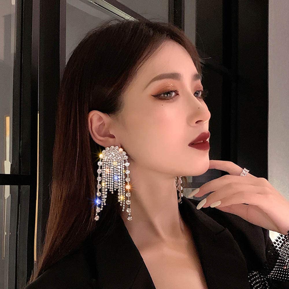 1 Pair Shiny Tassel Rhinestone Inlay Crystal Silver Plated Women's Drop Earrings display picture 2