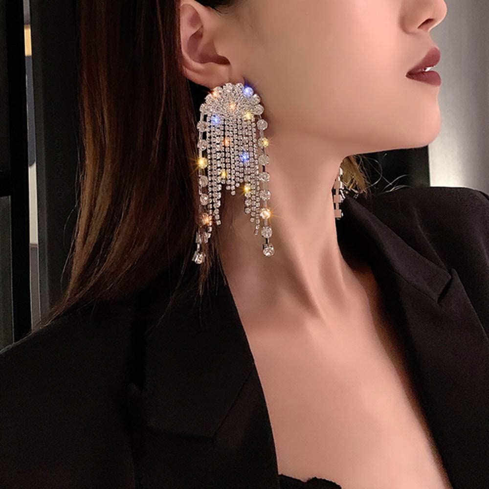 1 Pair Shiny Tassel Rhinestone Inlay Crystal Silver Plated Women's Drop Earrings display picture 1