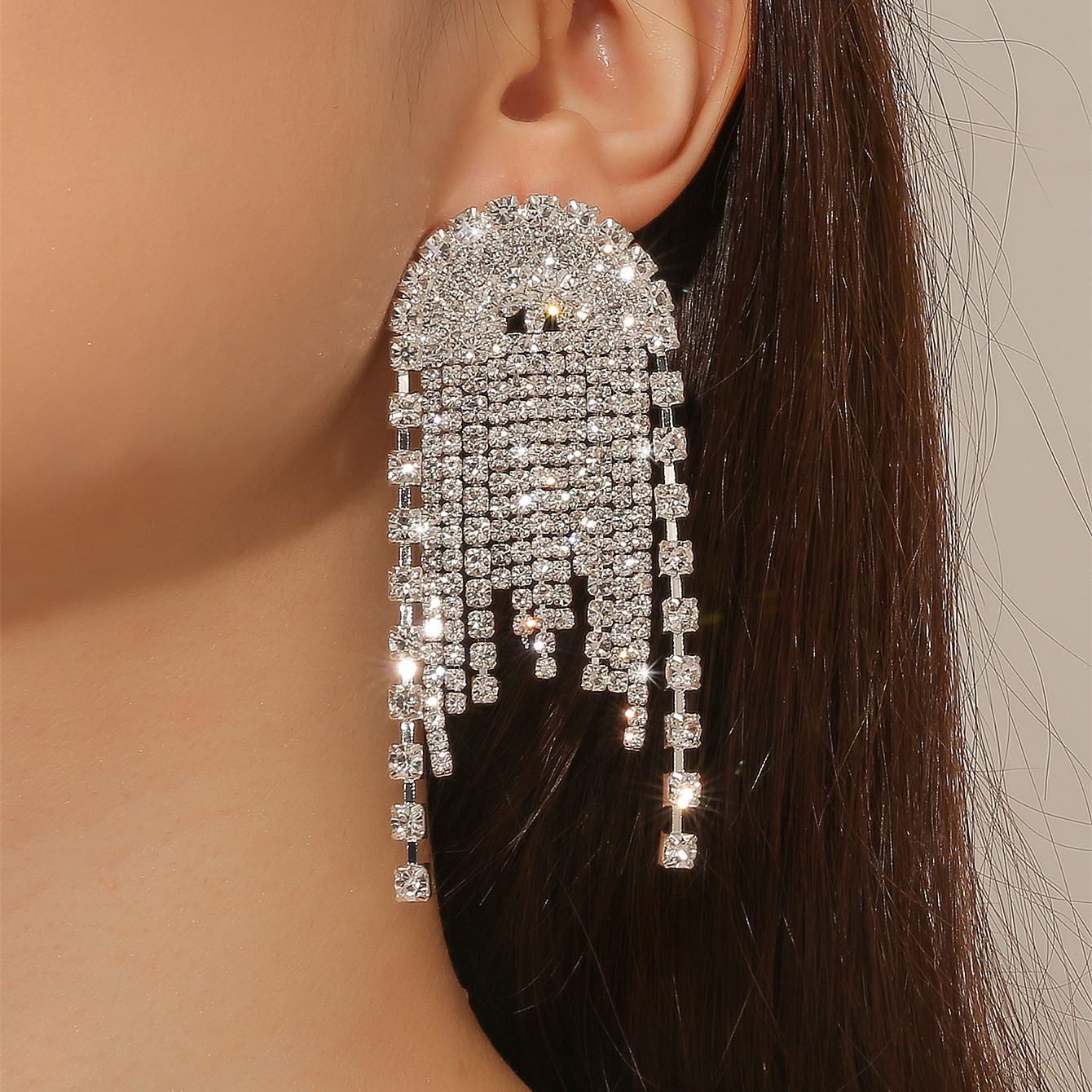 1 Pair Shiny Tassel Rhinestone Inlay Crystal Silver Plated Women's Drop Earrings display picture 6