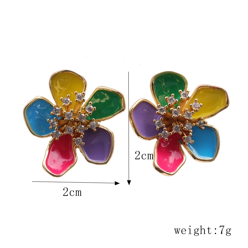 1 Pair Elegant Flower Petal Enamel Inlay Copper Zircon Gold Plated Ear Studs display picture 1