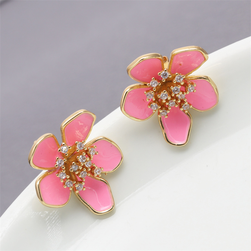 1 Pair Elegant Flower Petal Enamel Inlay Copper Zircon Gold Plated Ear Studs display picture 6