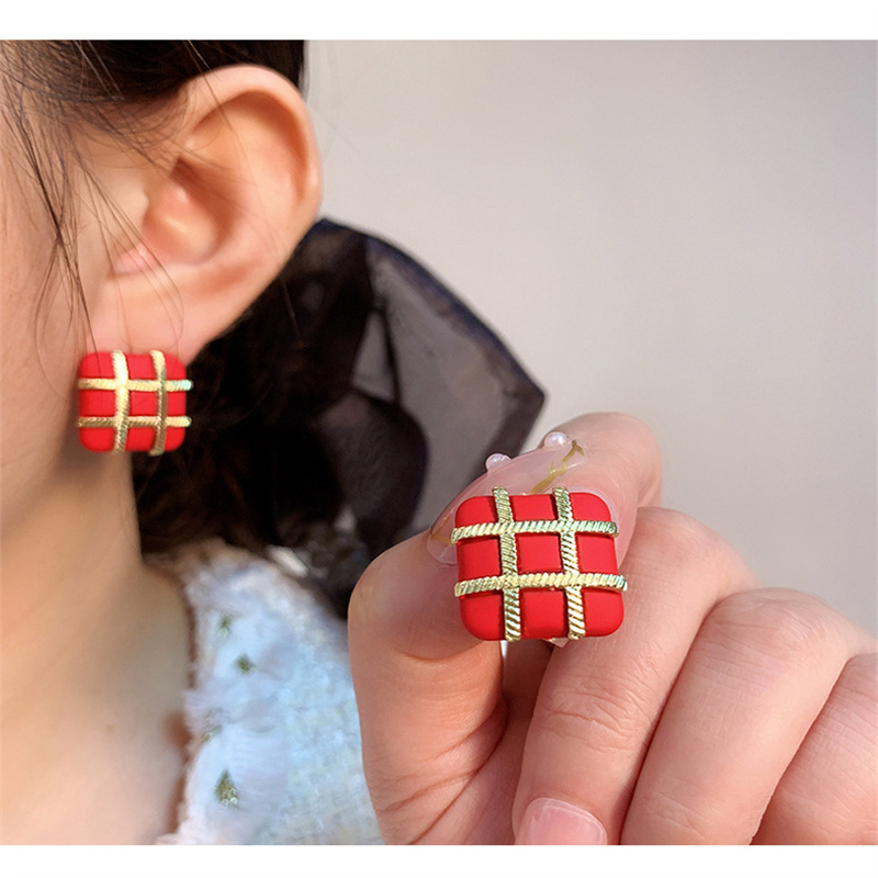1 Pair Fashion Square Lattice Alloy Women's Ear Studs display picture 2