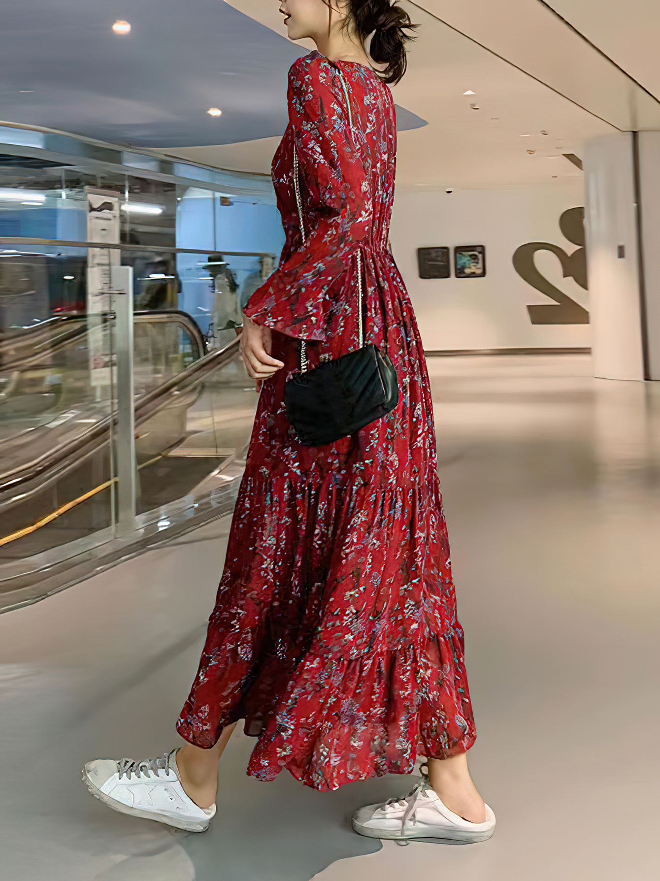 امرأة تنورة على شكل حرف A أنيق عطلة رعوي رقبة على شكل V متعدد الطبقات كم طويل الأزهار ديتسي فستان طويل ماكسي اليومي display picture 1