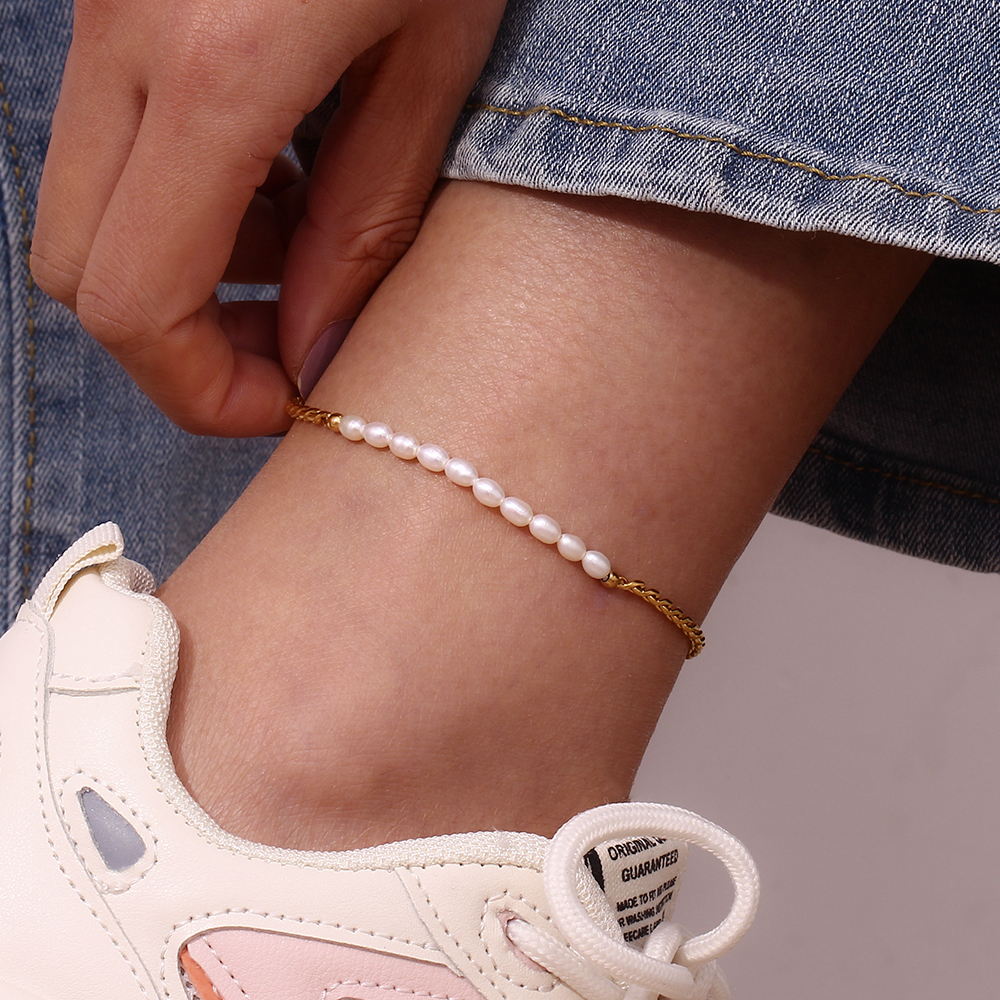 1 Piece Fashion Solid Color Stainless Steel Freshwater Pearl Plating Inlay Zircon 18k Gold Plated Women's Anklet display picture 12
