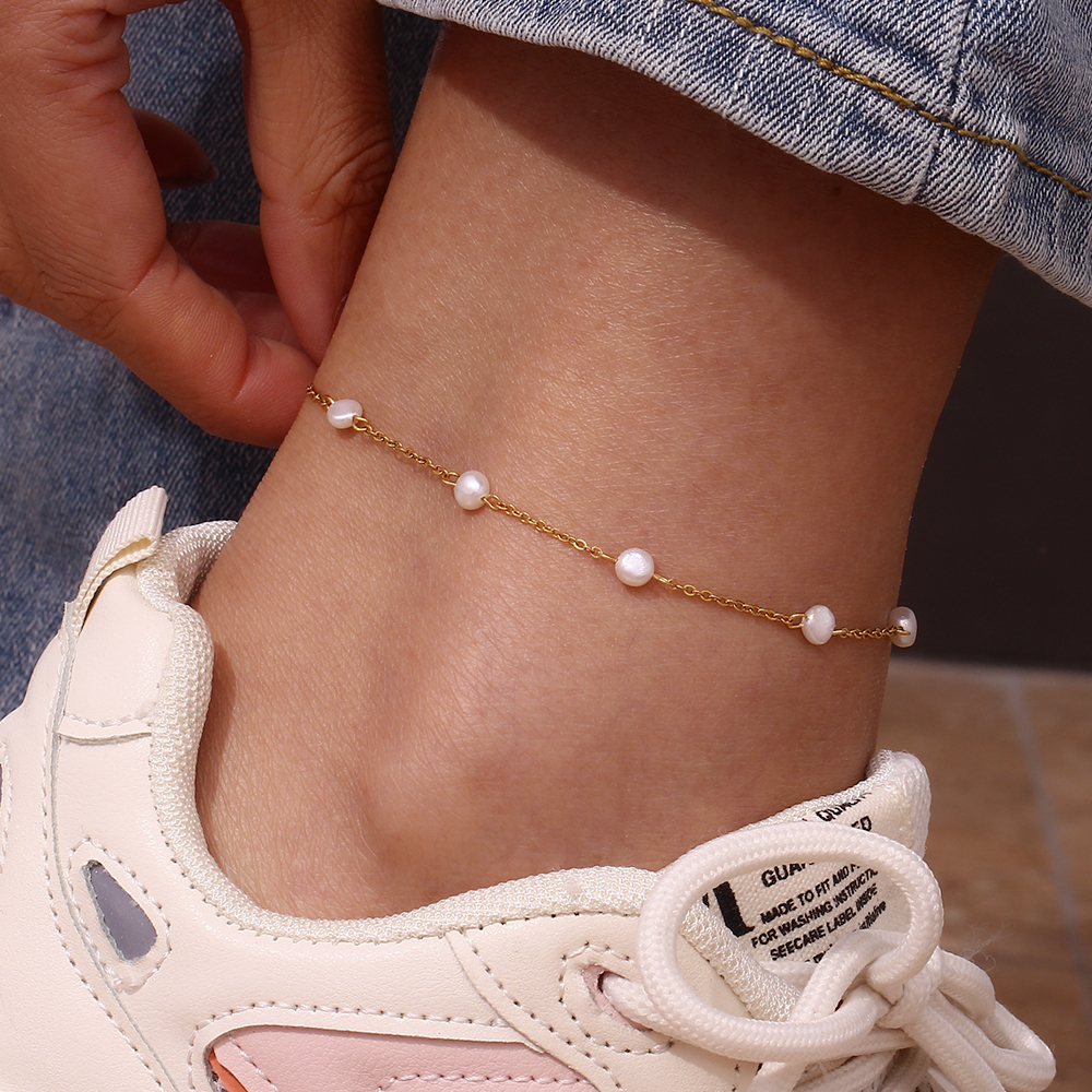 1 Piece Fashion Solid Color Stainless Steel Freshwater Pearl Plating Inlay Zircon 18k Gold Plated Women's Anklet display picture 15