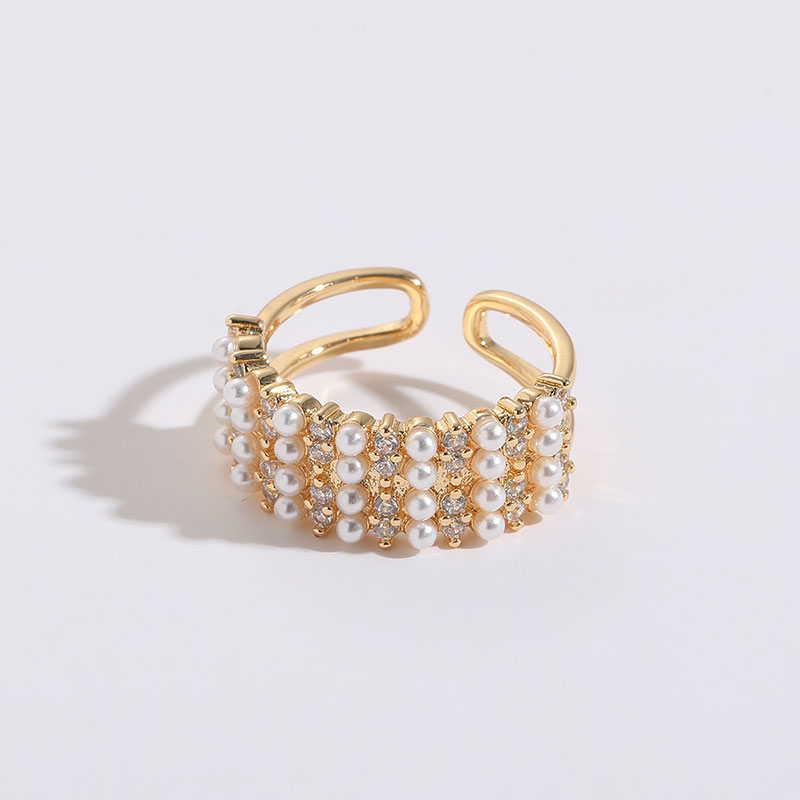 Fashion C Shape Copper 14k Gold Plated Artificial Pearls Zircon Open Ring In Bulk display picture 1