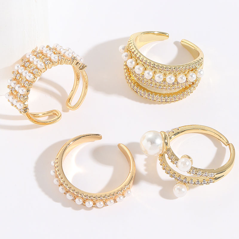 Fashion C Shape Copper 14k Gold Plated Artificial Pearls Zircon Open Ring In Bulk display picture 2