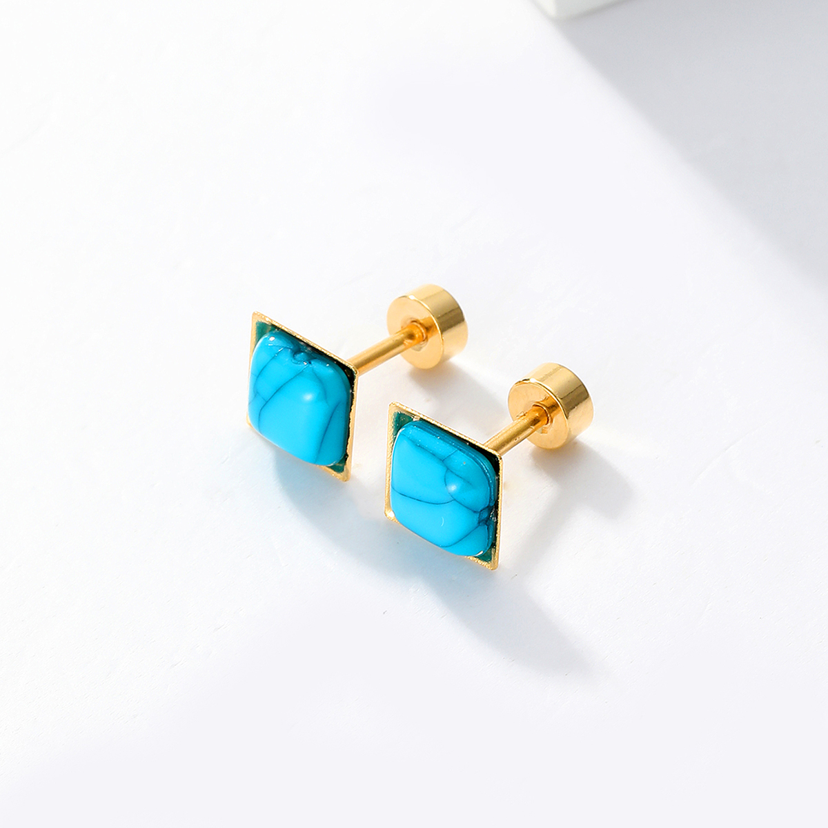 1 Paire Mode Carré Placage Incruster Acier Inoxydable Turquoise Plaqué Or 18K Boucles D'Oreilles display picture 1