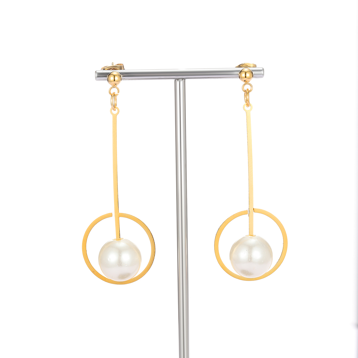 1 Pair Fashion Round Ball Pearl Plating Stainless Steel 18k Gold Plated Drop Earrings display picture 1