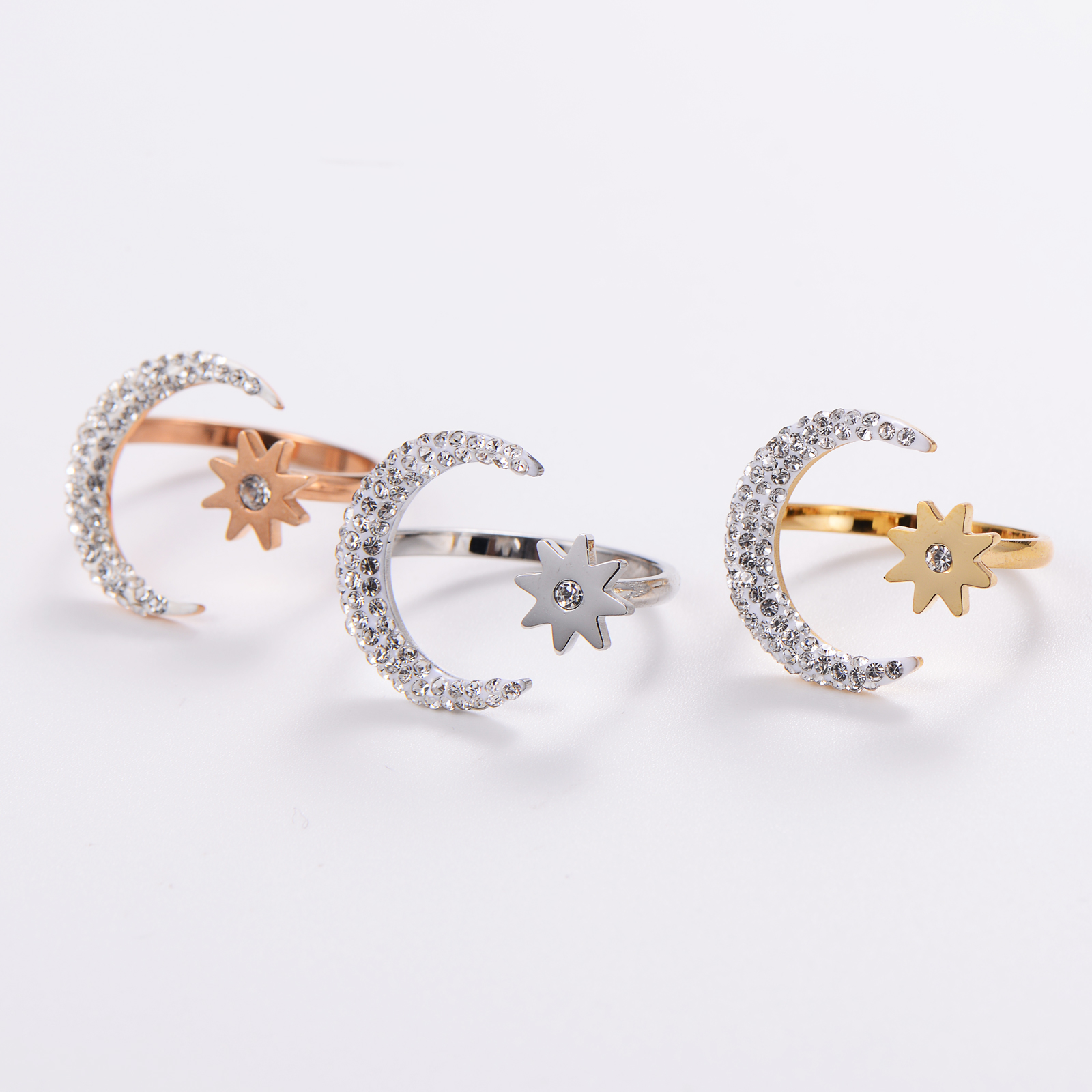 304 Stainless Steel 18K Gold Plated Elegant Korean Style Plating Inlay Star Moon Fish Tail Acrylic Rhinestones Open Ring display picture 1