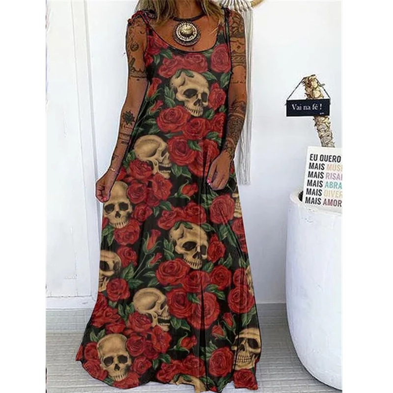 Femmes Robe Régulière Punk Col En U Impression Fleur Crâne Maxi Longue Robe Vacances Rue display picture 2