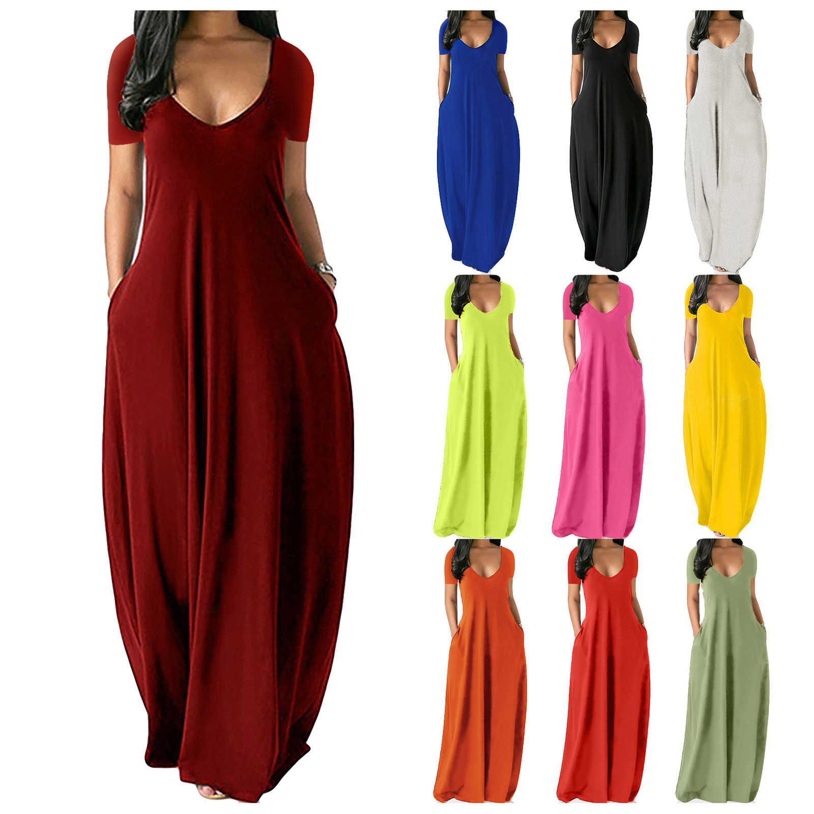 Women's Regular Dress Vacation Deep V V-opening Short Sleeve Solid Color Maxi Long Dress Beach display picture 12