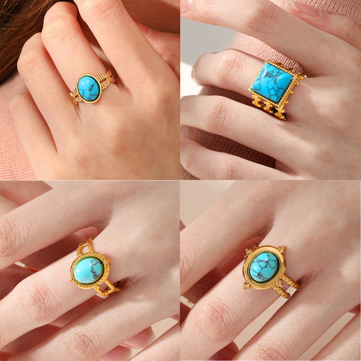 201 Stainless Steel 18K Gold Plated Vintage Style Inlay Round Square Turquoise Open Ring display picture 1