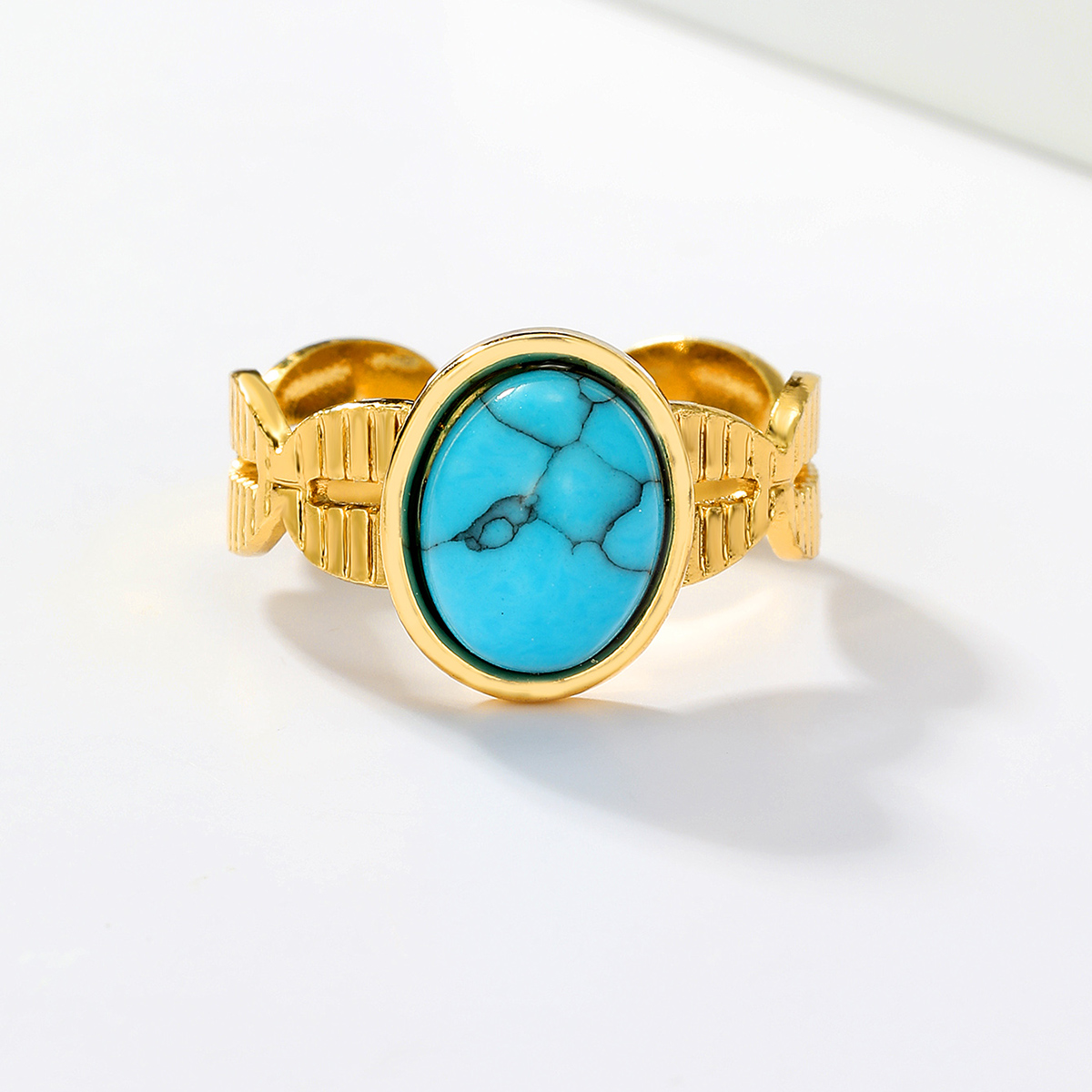 201 Stainless Steel 18K Gold Plated Vintage Style Inlay Round Square Turquoise Open Ring display picture 4