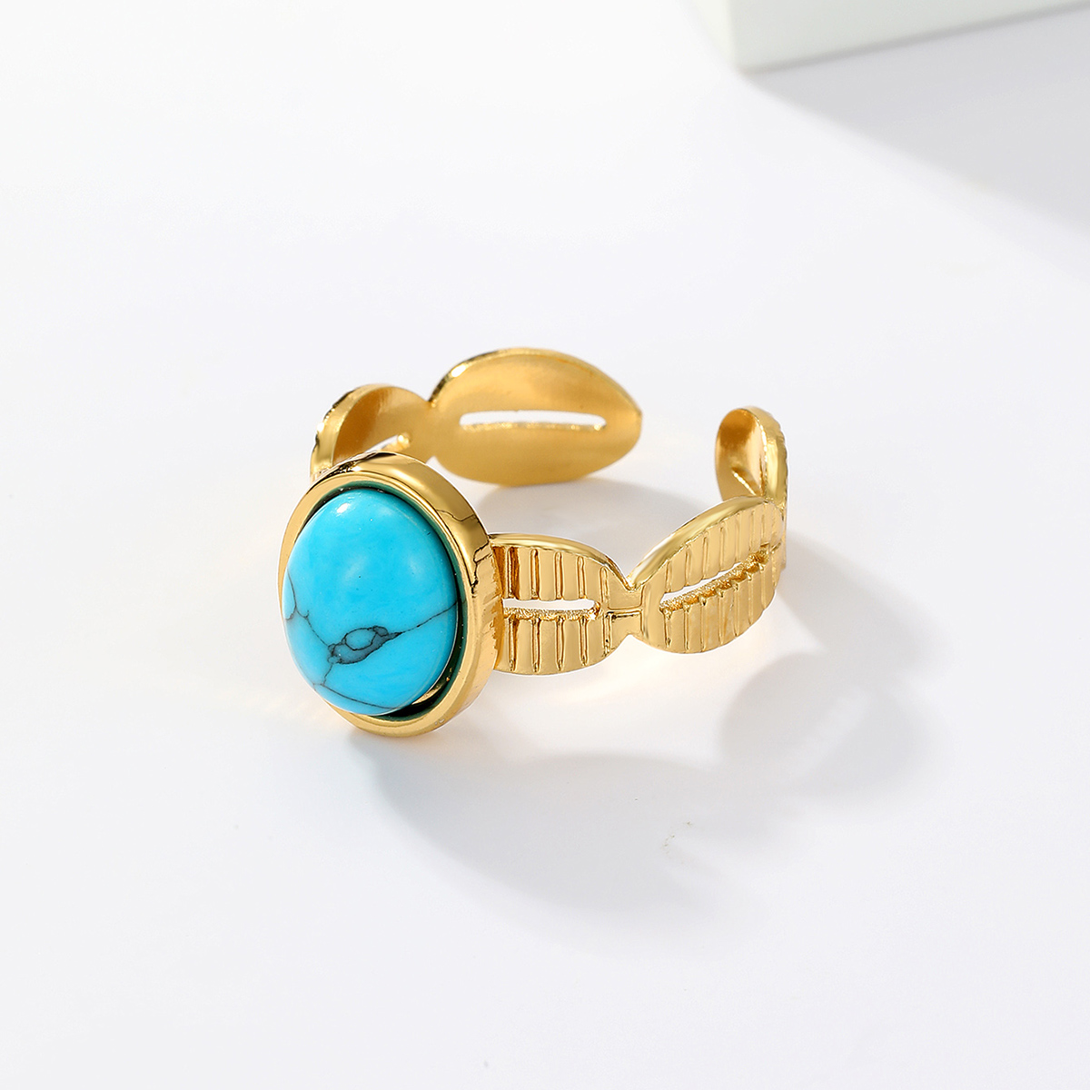 201 Stainless Steel 18K Gold Plated Vintage Style Inlay Round Square Turquoise Open Ring display picture 3