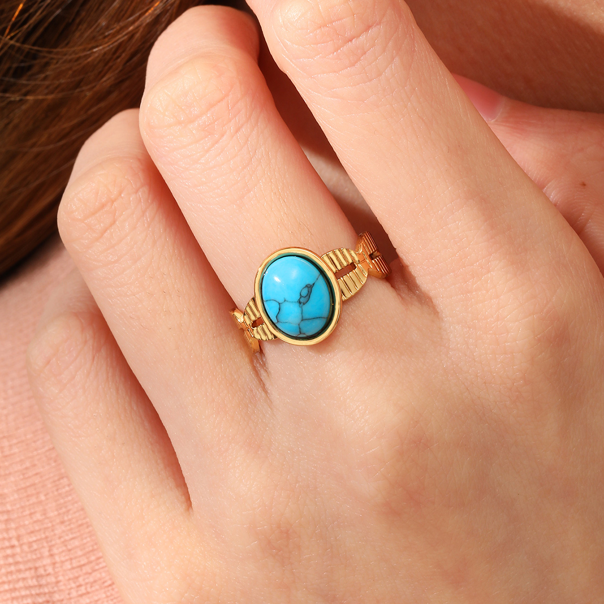 201 Stainless Steel 18K Gold Plated Vintage Style Inlay Round Square Turquoise Open Ring display picture 7