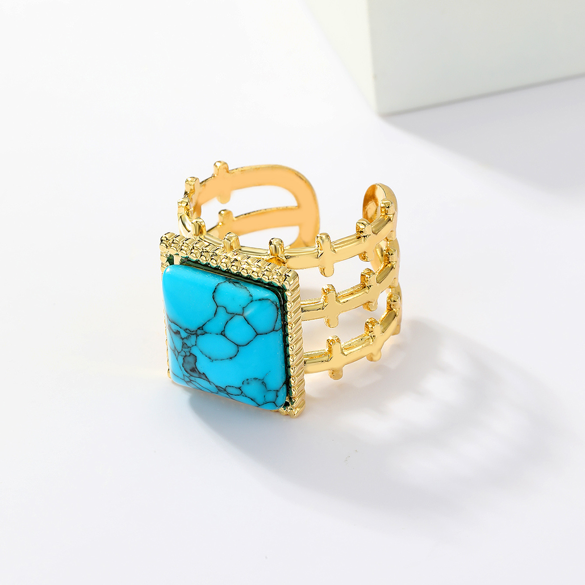 201 Stainless Steel 18K Gold Plated Vintage Style Inlay Round Square Turquoise Open Ring display picture 8