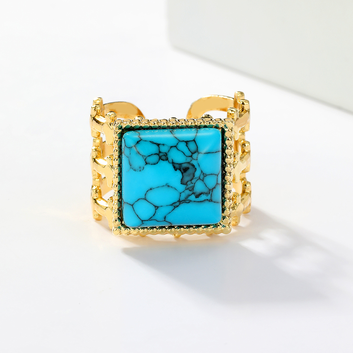 201 Stainless Steel 18K Gold Plated Vintage Style Inlay Round Square Turquoise Open Ring display picture 9