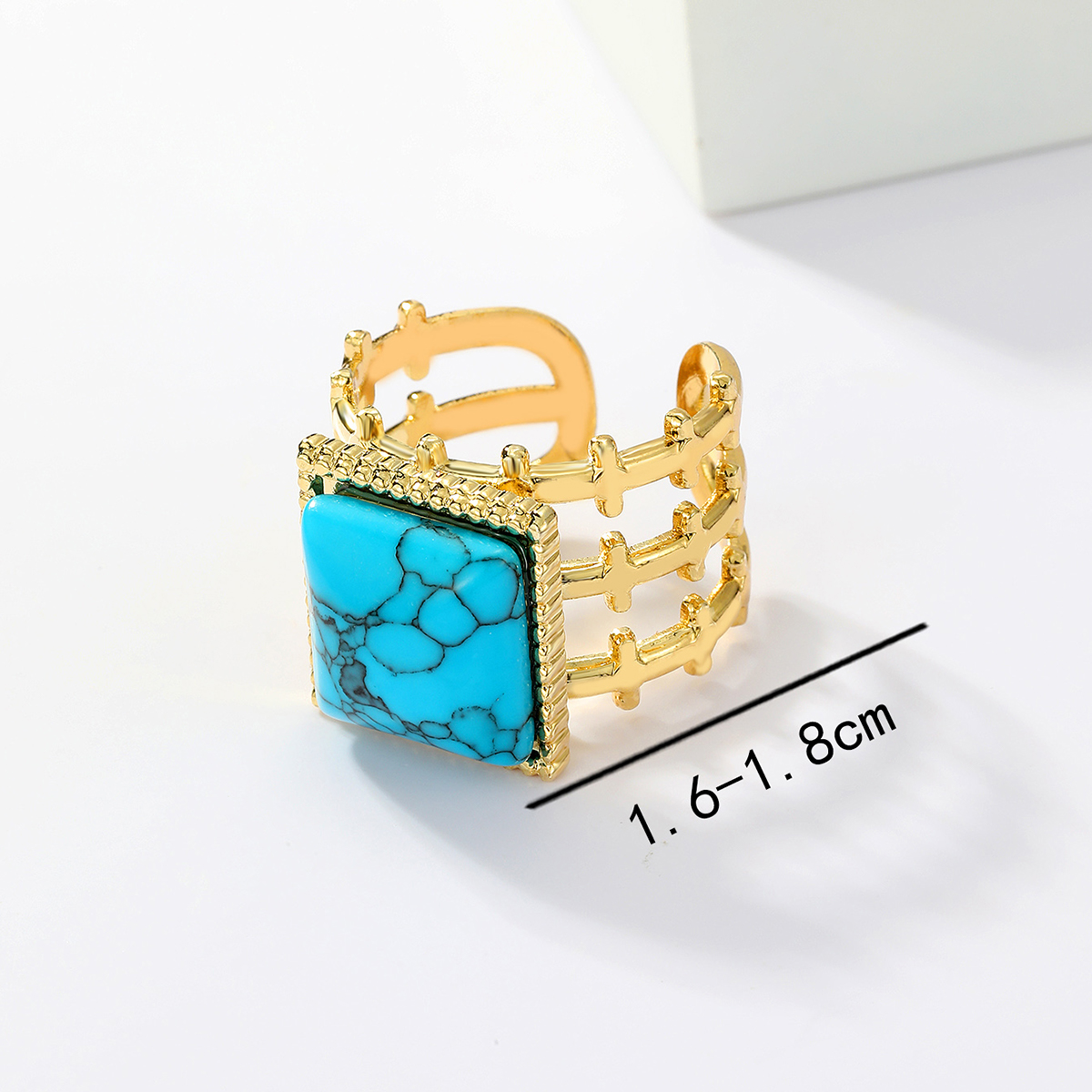 201 Stainless Steel 18K Gold Plated Vintage Style Inlay Round Square Turquoise Open Ring display picture 13