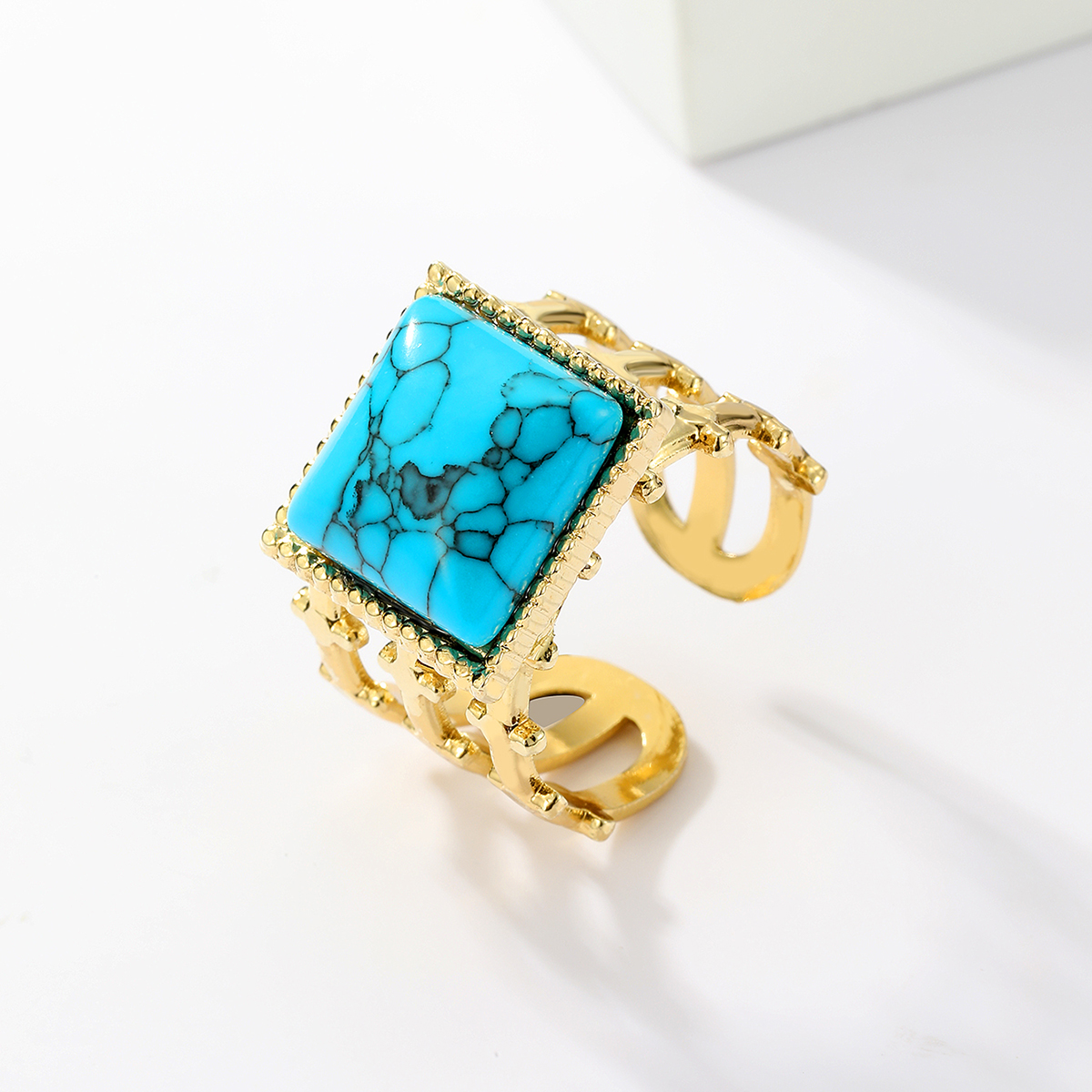 201 Stainless Steel 18K Gold Plated Vintage Style Inlay Round Square Turquoise Open Ring display picture 12