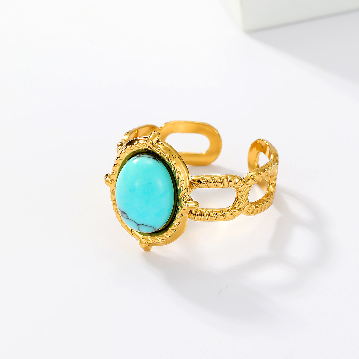 201 Stainless Steel 18K Gold Plated Vintage Style Inlay Round Square Turquoise Open Ring display picture 17